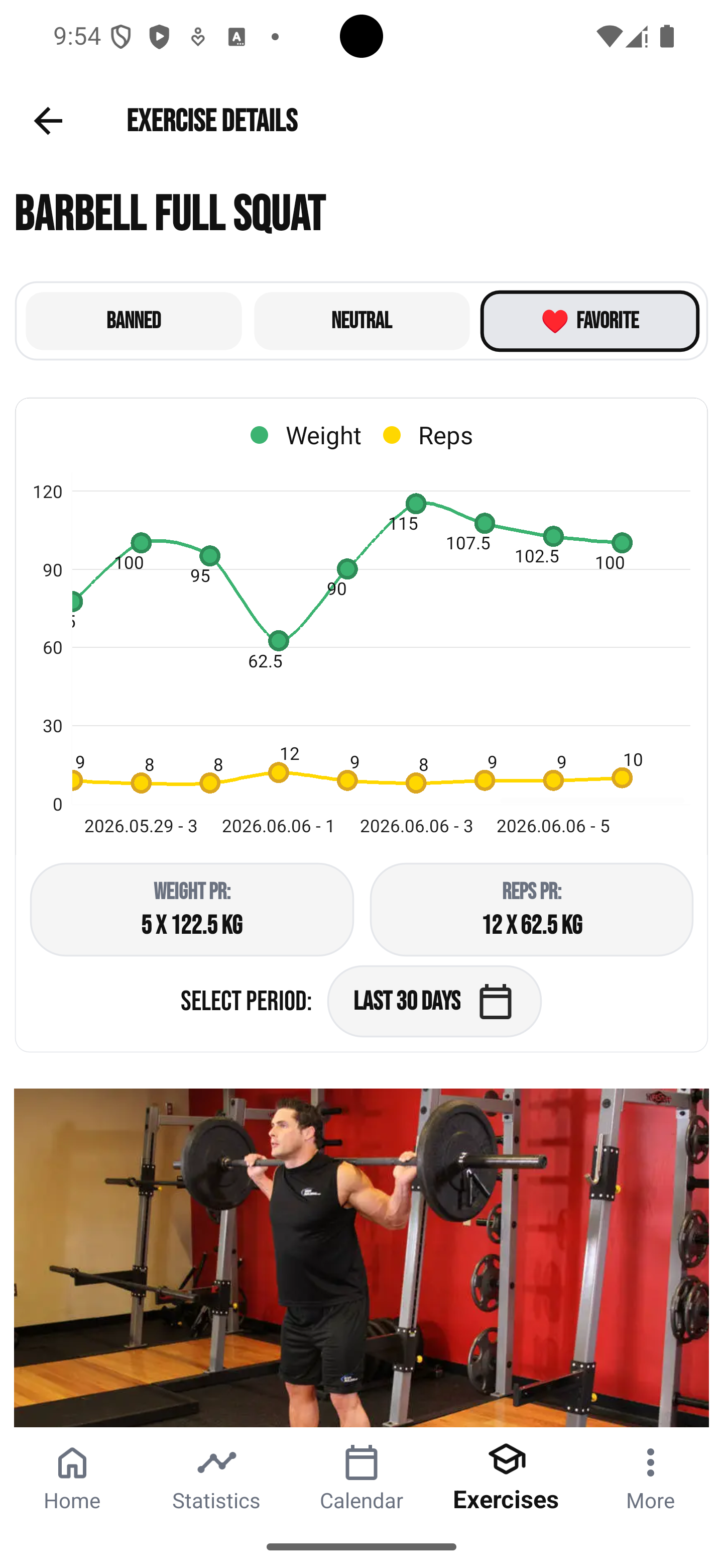 GymGo exercise history and performance chart for barbell squat