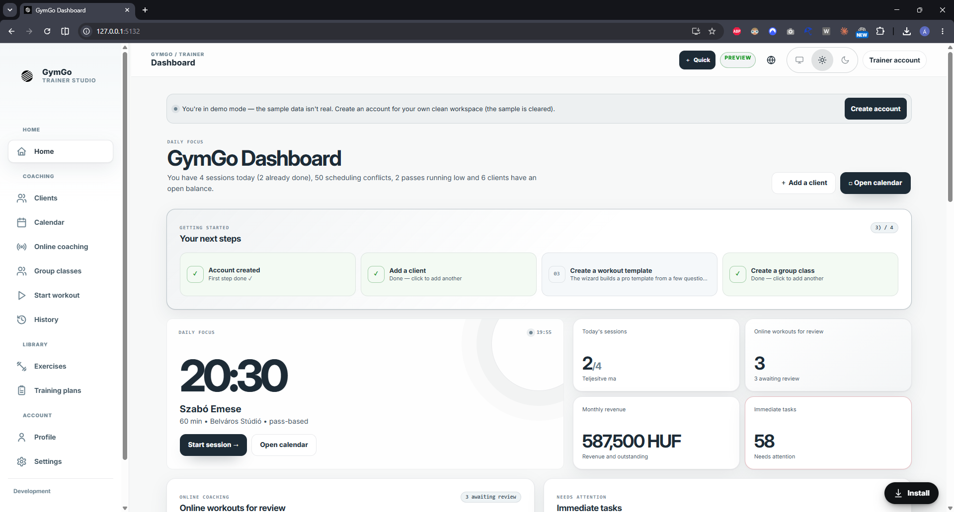 GymGo Trainer dashboard with sessions, reviews and business metrics